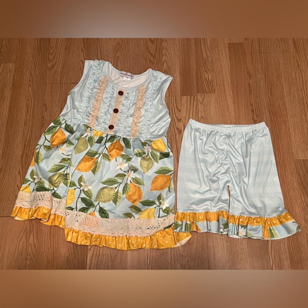 Adorable Sweetness Ruffled Sky Blue with Lemon Print Short Set Size 14